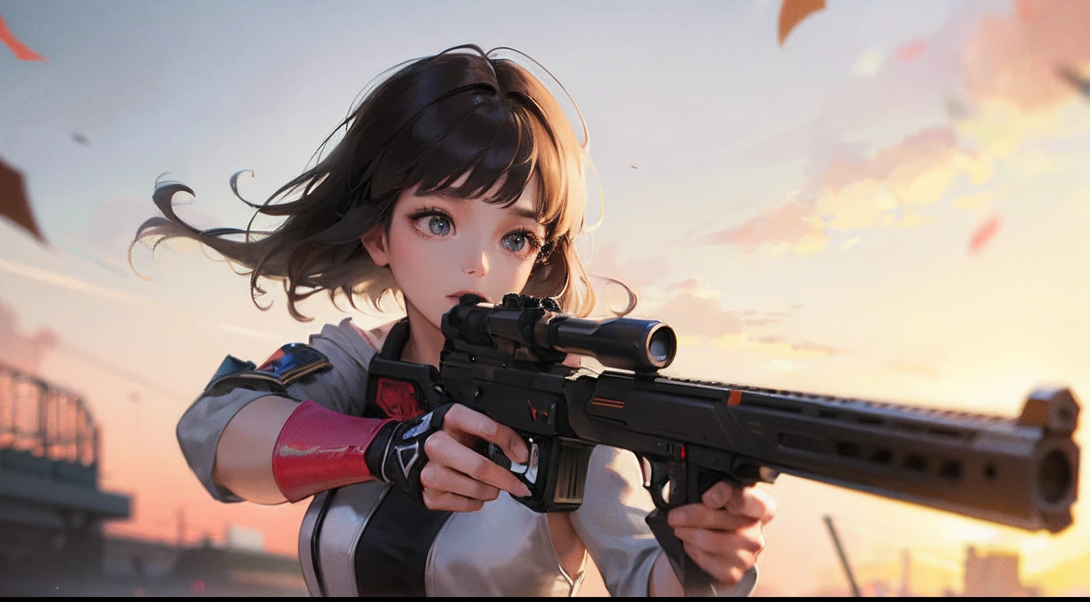 Octane Render、(Hyper-detailing: 1.15)、(Soft light、sharp: 1.2)、photoRealstic、Cute Fantasy Princess、Handgun shooting practice、Fine Pattern Pistol