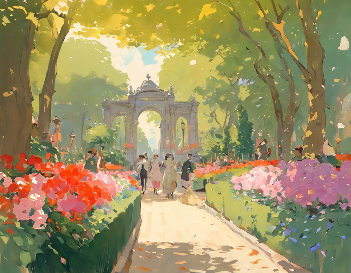 a fantastic flowering garden. estilo de pintura impressionismo obras de John Singer Sargent, Boulevard Montmartre masterpiece