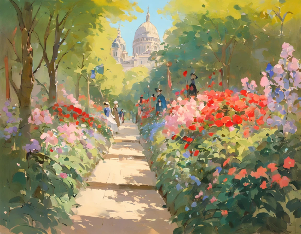 a fantastic flowering garden. estilo de pintura impressionismo obras de John Singer Sargent, Boulevard Montmartre masterpiece