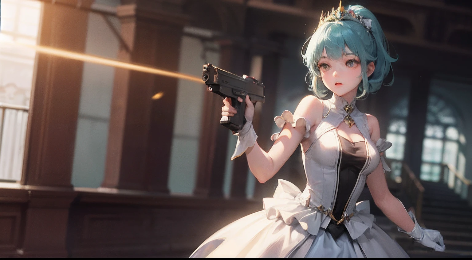 Octane Render、(Hyper-detailing: 1.15)、(Soft light、sharp: 1.2)、photoRealstic、Cute Fantasy Princess、Practice shooting a handgun、Handgun with fine pattern