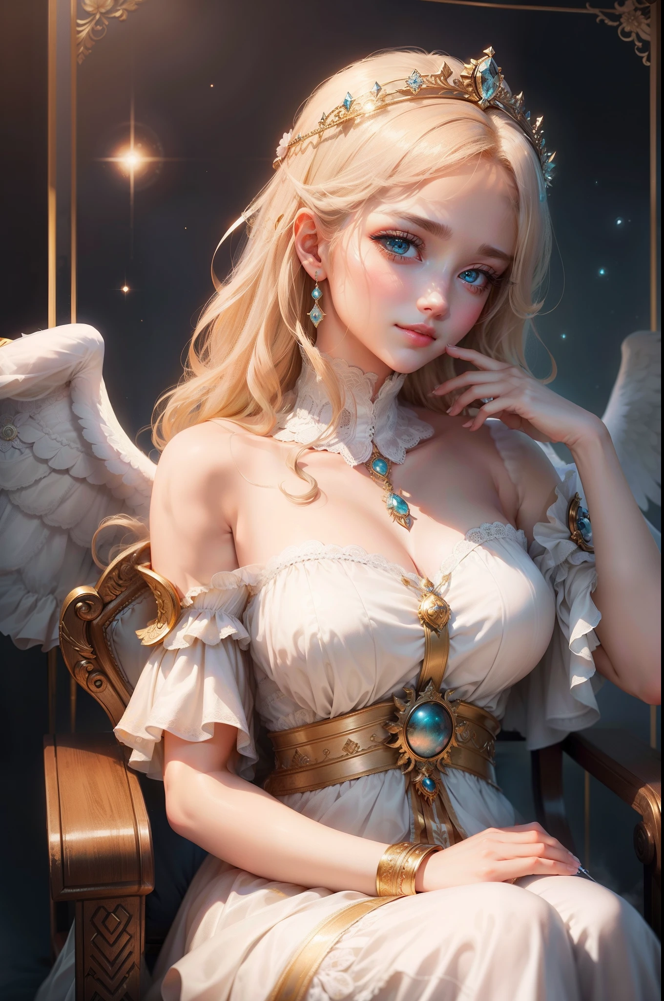 The personification of Uranus in Greek mythology(Feminization)、infp young woman、Fluffy angelic clothes、Wear a tiara like a circle of angels、frontage、High-quality illustrations、big eye、Sheer eyes、Exquisite makeup、long eyeslashes、Eyes that laughed、A smile、It is a scene of sitting in a chair with the royal family worthy of the first throne..、(Solo 1.8)、beatiful detailed eyes、(Vertical Painting:2.0)、