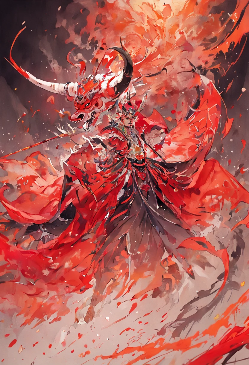 ((masterpiece)),best quality, ((illustration)),original, extremely detailed wallpaper,(((beijing opera))), (sketch),((wash painting)),((ink splashing)),((((dyeing)))),((Chinese painting)),((beijing opera))), (sketch),(wash painting),(ink splashing),dyeing,((Chinese painting)), ((a mythical ferocious animal)),{{The bull}},{{ long horns}},{{With wings on its back}},(Red and black wings),(solo),mountain,Big and strong,Diabolical,Tyrannical