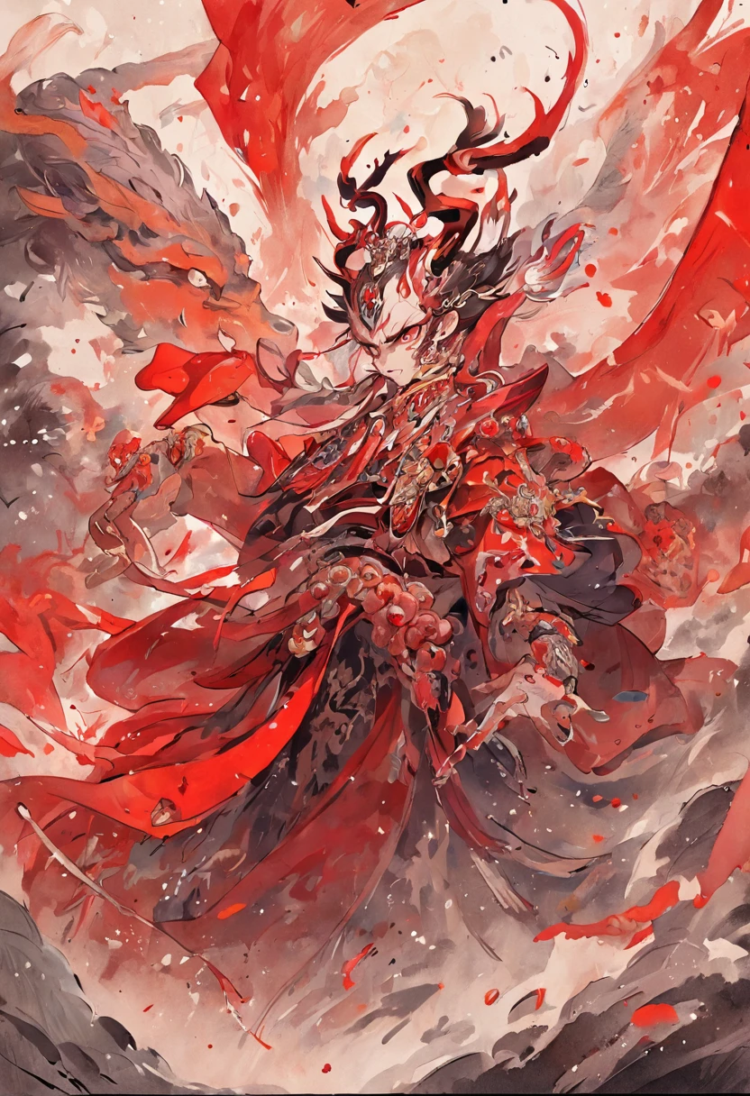 ((masterpiece)),best quality, ((illustration)),original, extremely detailed wallpaper,(((beijing opera))), (sketch),((wash painting)),((ink splashing)),((((dyeing)))),((Chinese painting)),((beijing opera))), (sketch),(wash painting),(ink splashing),dyeing,((Chinese painting)), ((a mythical ferocious animal)),{{The bull}},{{ long horns}},{{With wings on its back}},(Red and black wings),(solo),mountain,Big and strong,Diabolical,Tyrannical