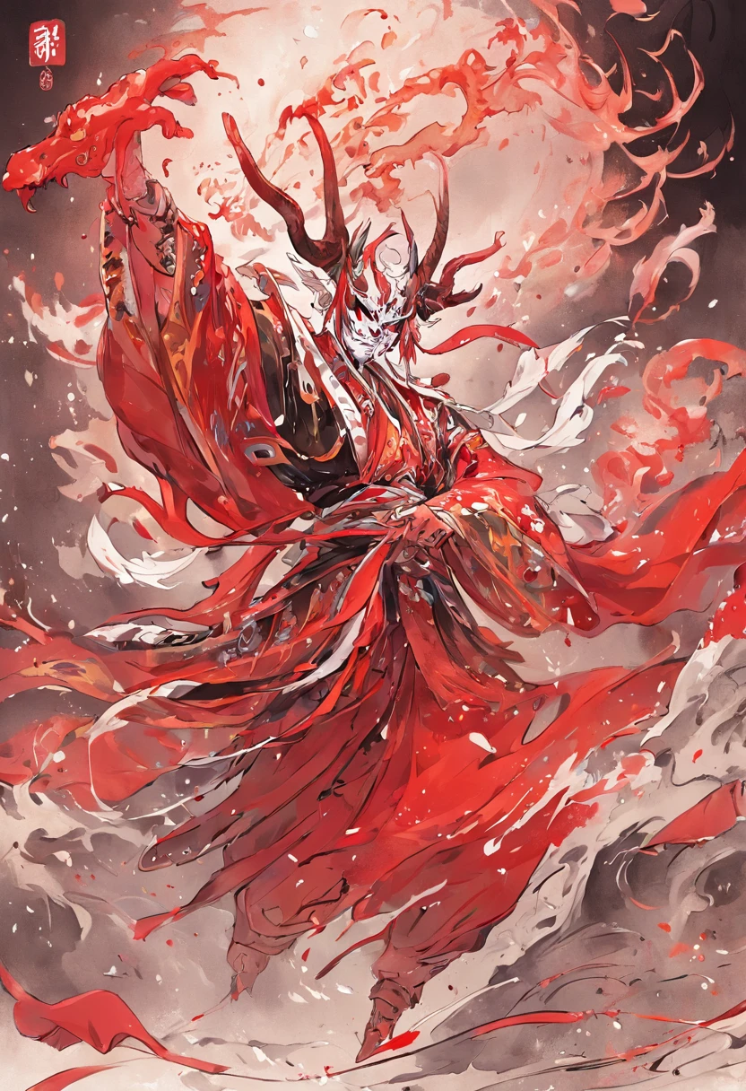 ((masterpiece)),best quality, ((illustration)),original, extremely detailed wallpaper,(((beijing opera))), (sketch),((wash painting)),((ink splashing)),((((dyeing)))),((Chinese painting)),((beijing opera))), (sketch),(wash painting),(ink splashing),dyeing,((Chinese painting)), ((a mythical ferocious animal)),{{The bull}},{{ long horns}},{{With wings on its back}},(Red and black wings),(solo),mountain,Big and strong,Diabolical,Tyrannical