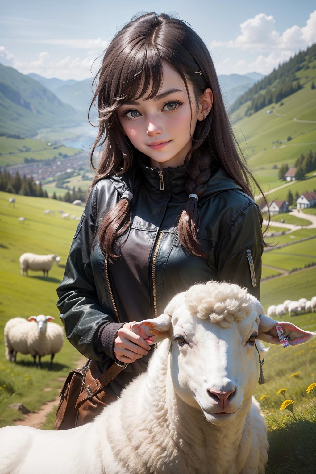 1 girl，ssmile，adolable，looking to the camera，Lots of white sheep，hillside，grassy fields，blue-sky，baiyun，nordic，Beautiful，8K，high qulity，tmasterpiece