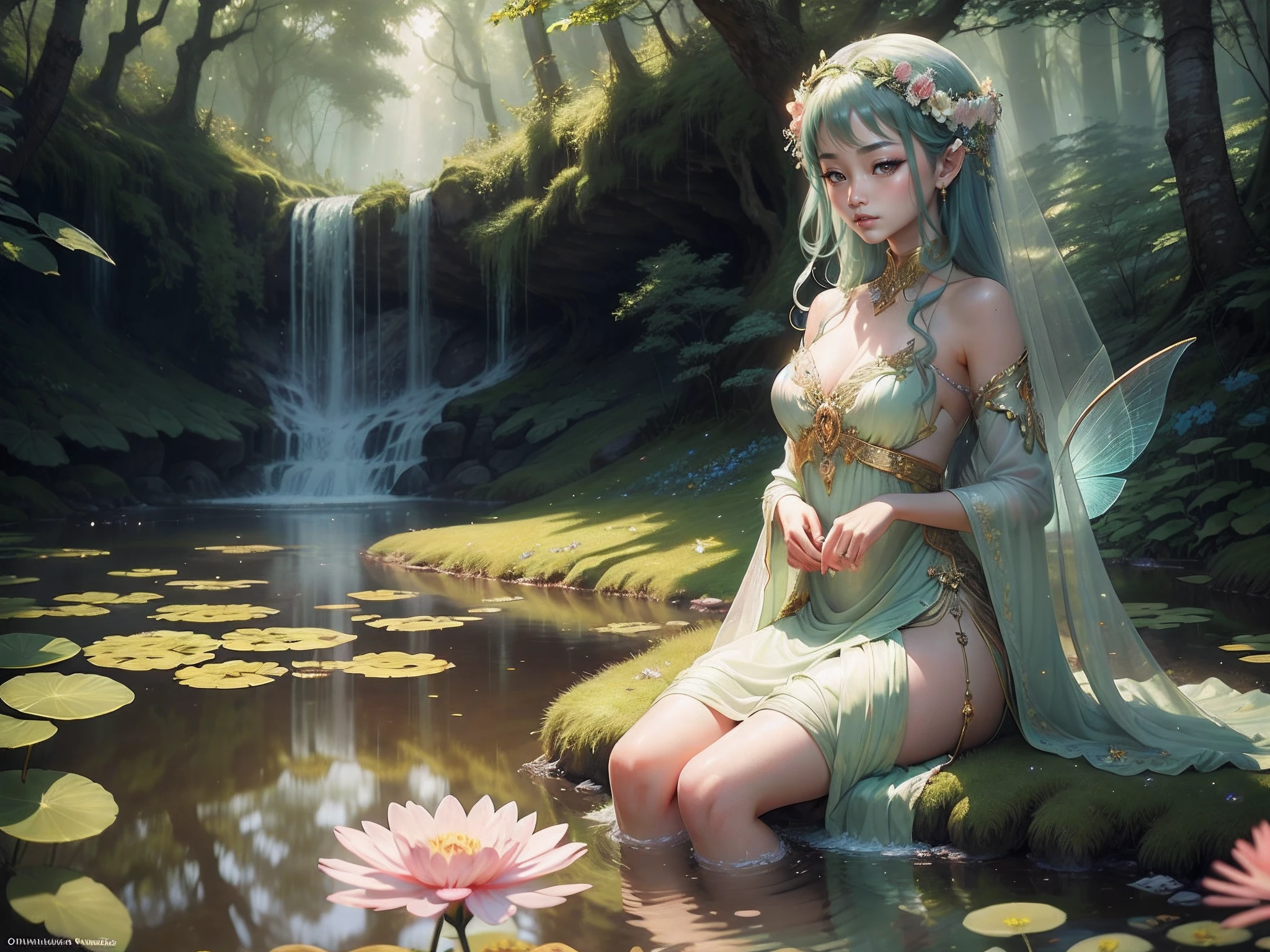 ((waterfall)) on Ancient giant sculpture of woman,carved into a cliff, water flows from the statue, the statue and covered with moss --auto --s2