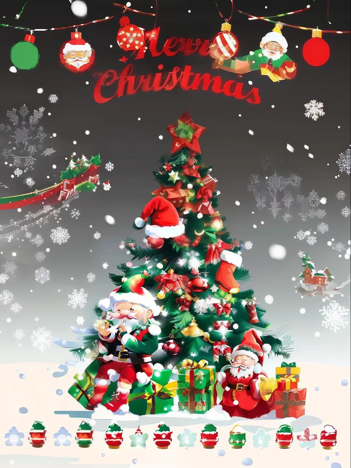 Christmas tree with gifts and Santa Claus Klaus Klaus Claus, Christmas evening, Christmas tree, Christmas, Merry, promo art, festivity, 1128x191 resolution, snowy winter christmas night, Official artwork, There are a lot of thin decorations, gifts, advertisement picture, hight decorated, Artistic cover，Don't be too real，cartoony