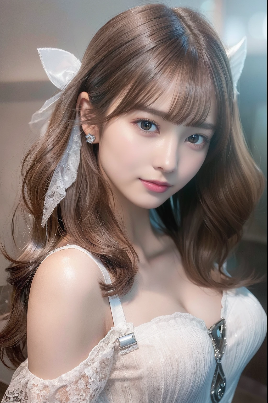 ((Best Quality:1.2, 8k, photo realistic:1.4, Masterpiece, back Lighting, caustics, Ultimate pretty Girl, Highly Detailed beautiful Textures, detailed beauty makeup:1.2, realistic skin, detailed deep eyes, detailed bangs)), medium breast, (canal background), ((white Fairy costume )), (hair ornament), (naughty smile), (detailed brilliant brown and silver two-tone wavy medium hair), ((round face)), (head tilt), from above , (wind)