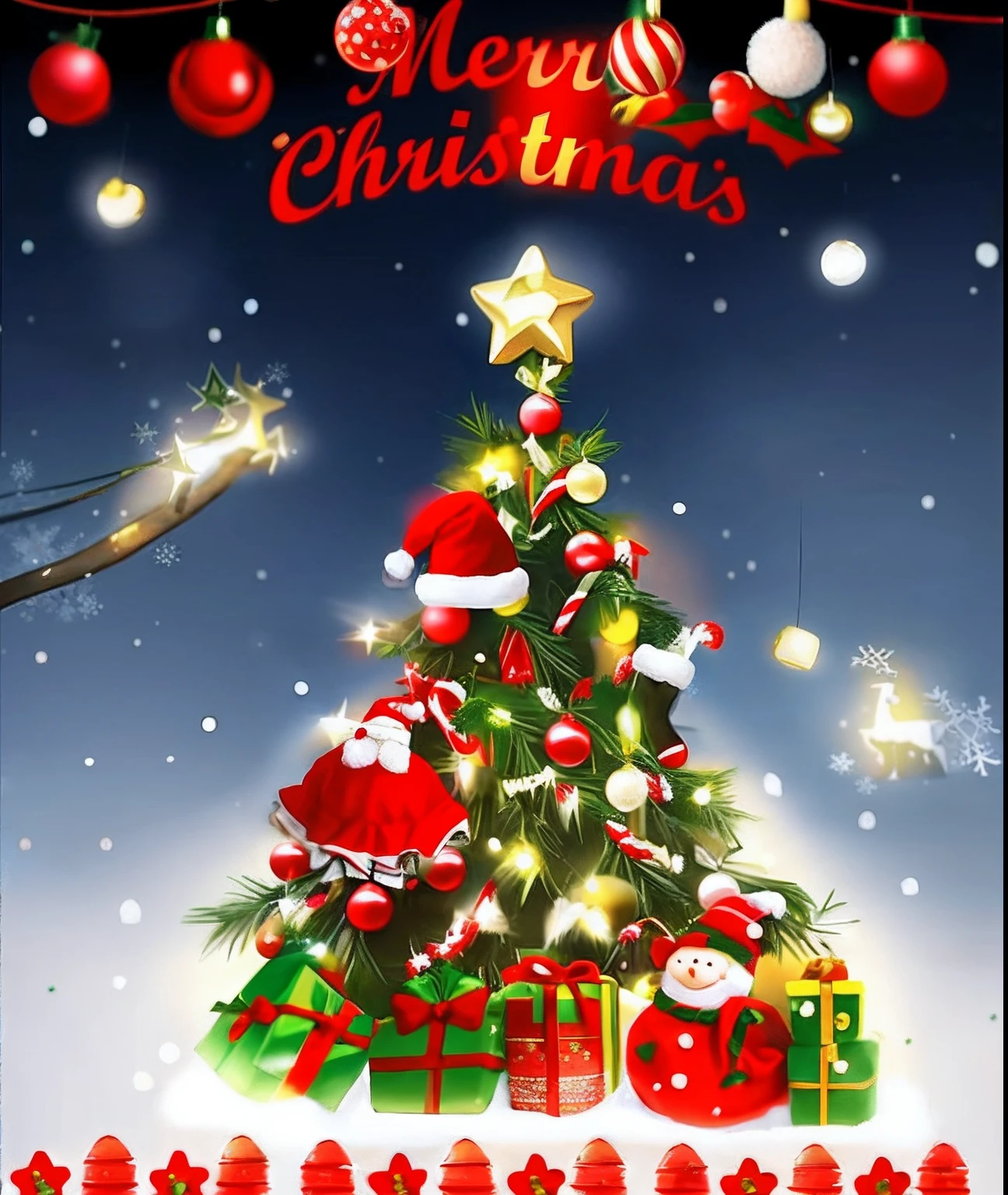 Christmas tree with gifts and Santa Claus Klaus Klaus Claus, Christmas evening, Christmas tree, Christmas, Merry, promo art, festivity, 1128x191 resolution, snowy winter christmas night, Official artwork, There are a lot of thin decorations, gifts, hight decorated, advertisement picture, Artistic cover