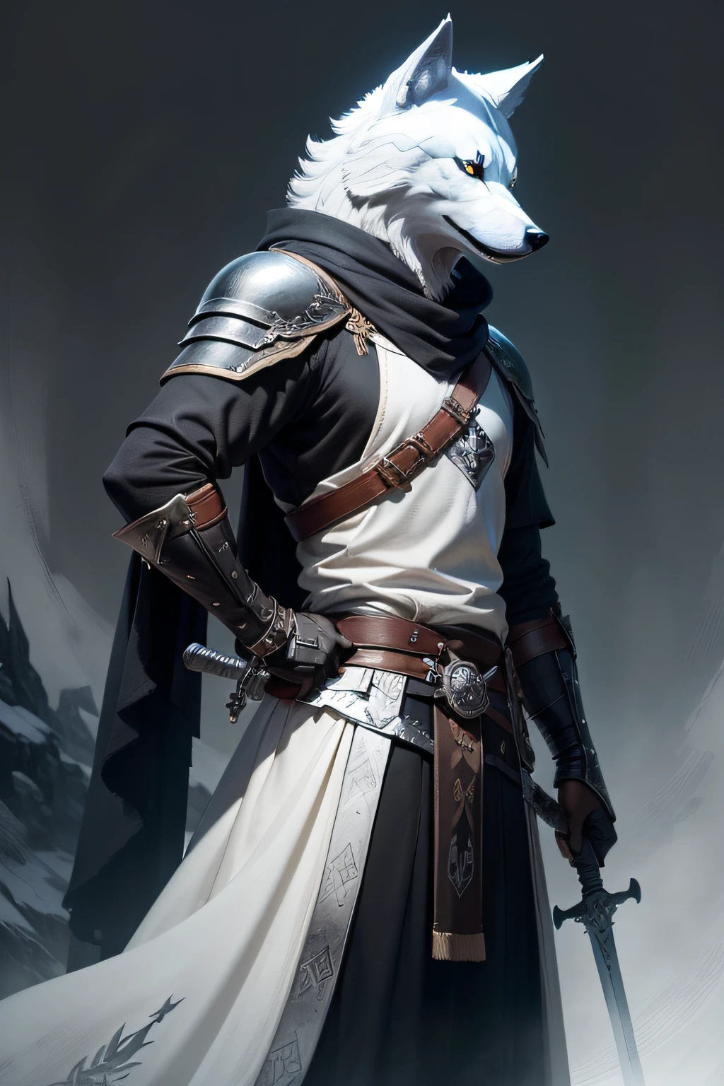 two-handed sword made with black iron, blade guard made with white iron and leather-coated handle, and in its guard a wolf symbol.