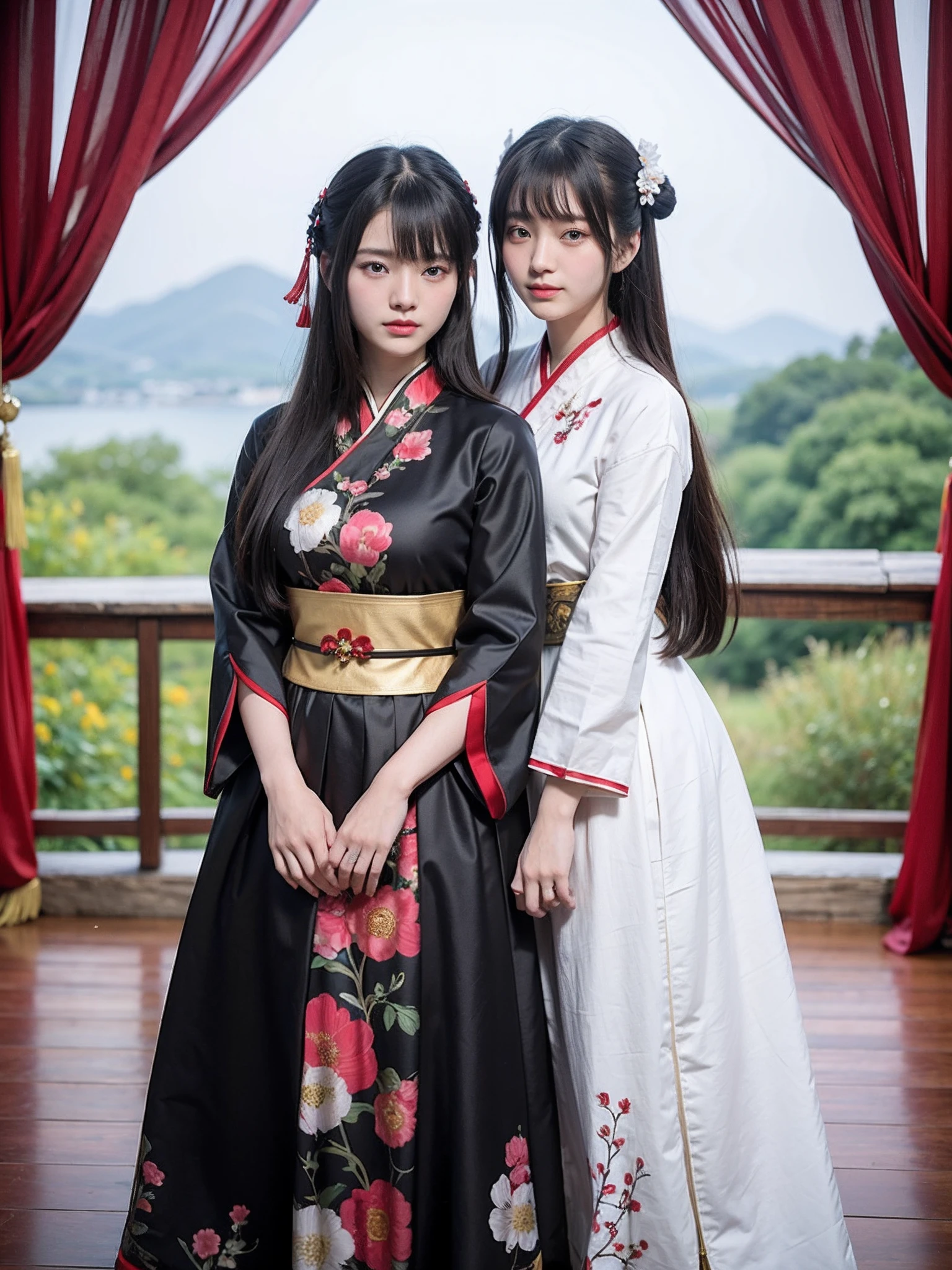 Two Asian women dressed in traditional costumes pose for a group photo, Hanfu, Anime cosplay, Anime girl cosplay, ， A girl in Hanfu, black and red silk clothing, Chinese costume, with acient chinese clothes, CLASSICSTYLE, Wearing ancient Chinese clothes, Chinese style, White Hanfu, traditional geisha clothing, cosplay foto，Stand in the spring，Background mountains and flowers