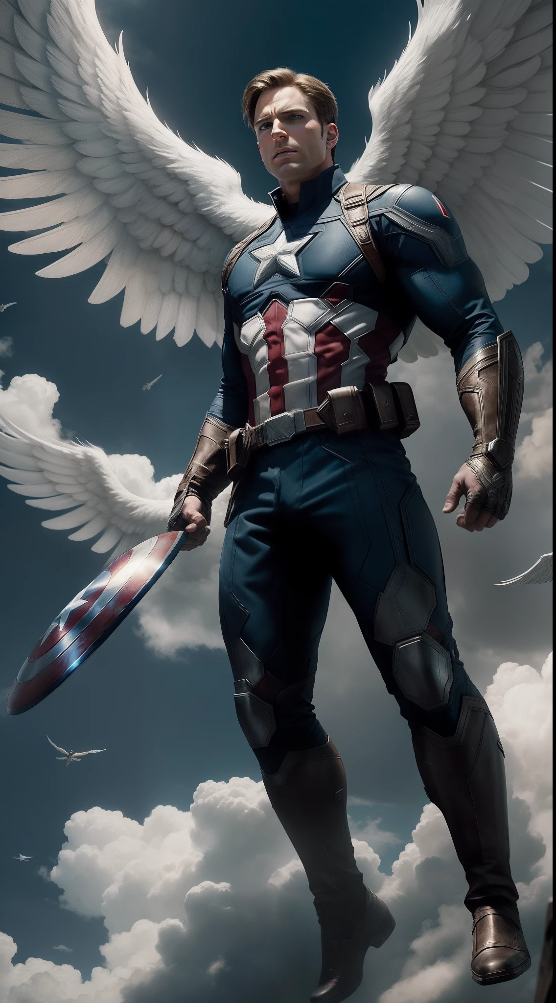 (en) "An epic, cinematic depiction of Captain America portrayed as a powerful angel with magnificent, white wings, featuring extraordinary realism, intricate details, impeccable sharpness, and beautifully captured in a dynamic half-body shot."