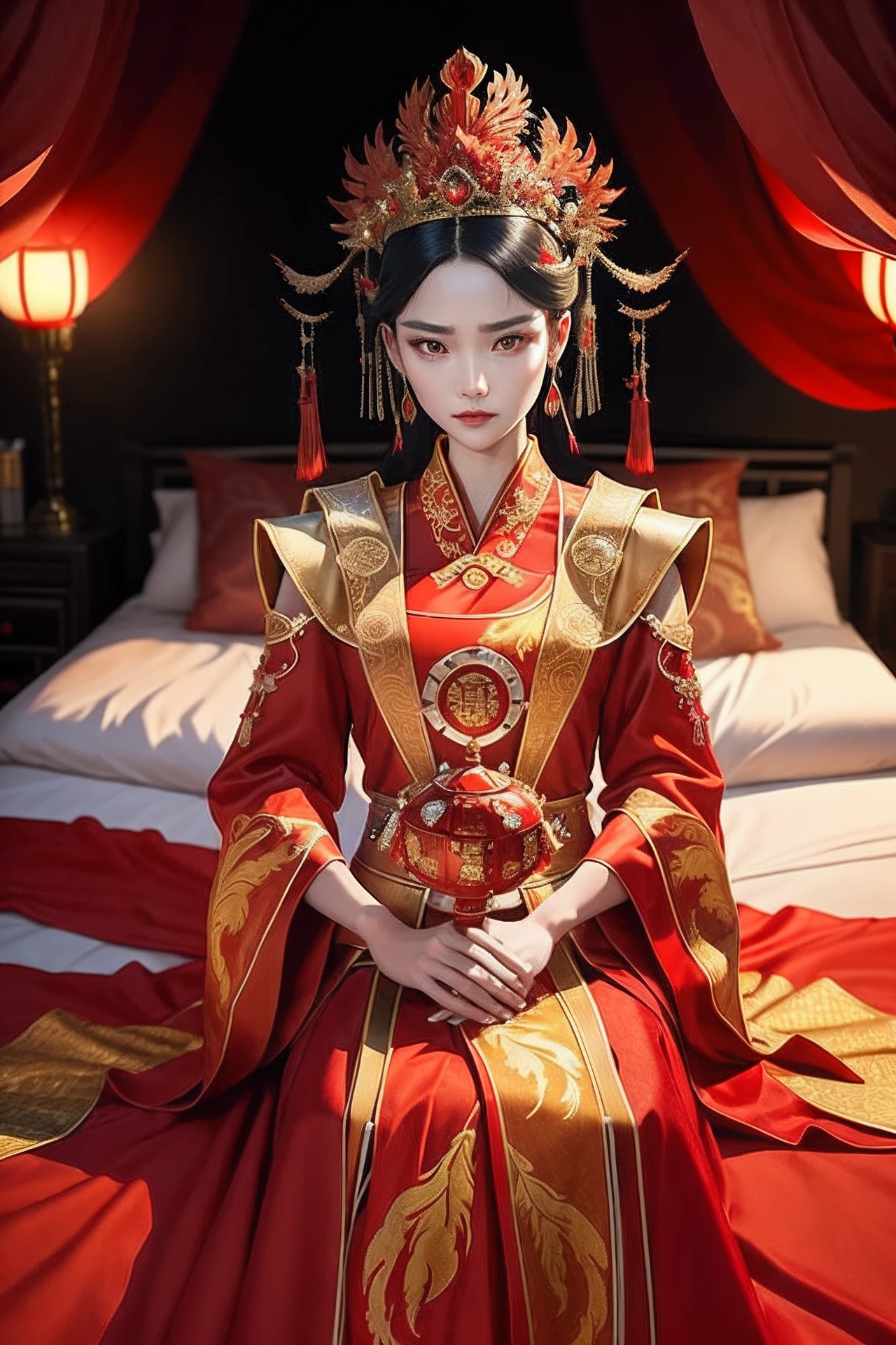 (best qualtiy:1.1) ,(realisticlying:1.1), (photography of:1.1), (highly detailed:1.1),
A woman in a red and gold dress,He wears a phoenix-like crown on his head,hair stick,(sitting on red bed),Be red in the face,is shy,black_hair,tiara crown,looking-down,(2 red candles),chinese_clothes,窗帘,耳Nipple Ring,hair_ornament,Hanfu,inside in room,jewely,long_sleeves,reddress,Redlip,nipple tassels,(Red quilt),(red palace:1.2),