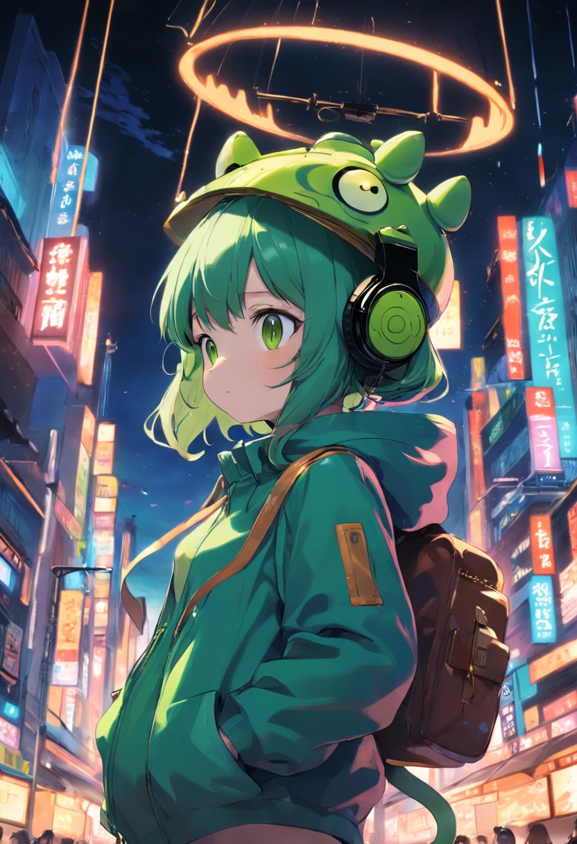 A masterpiece green frog with headphones, fatness