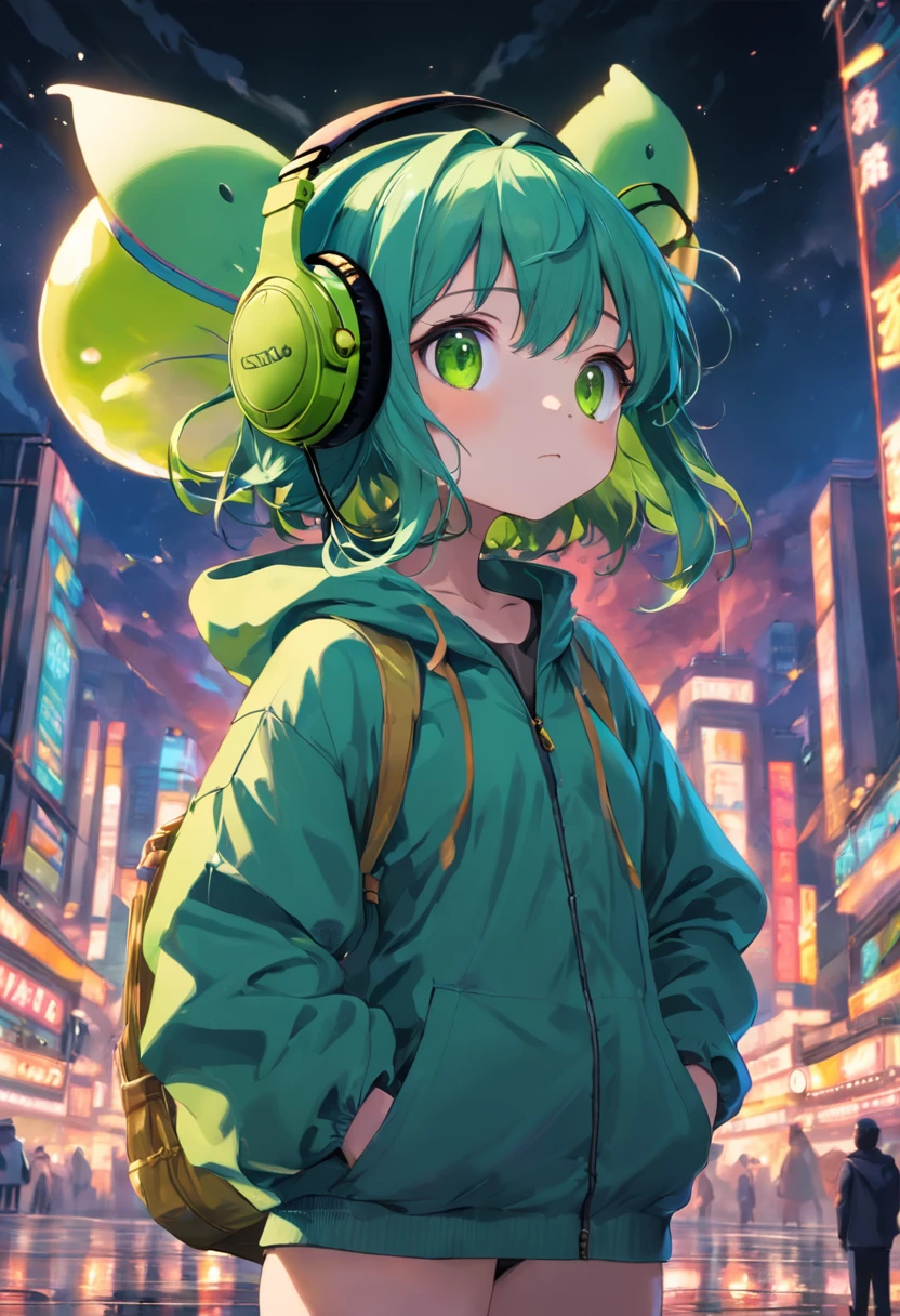 A masterpiece green frog with headphones, fatness
