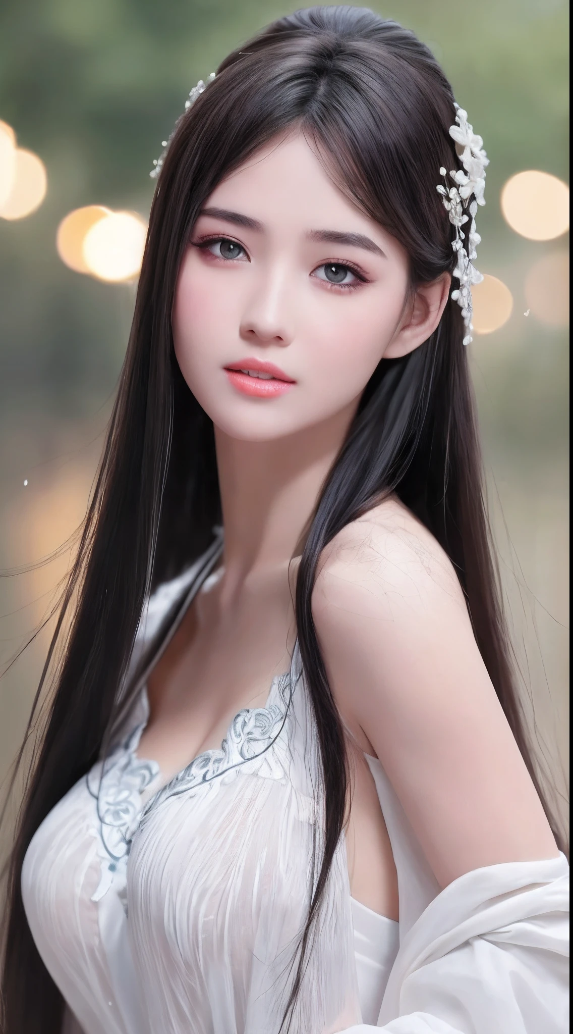 ((Best Quality, 8k, Masterpiece: 1.3)), Focus: 1.2, Perfect Body Beauty: 1.4, Buttocks: 1.2, ((Layered Haircut)), (Wet Clothes: 1.1), (Rain, Street:1.3), (Breasts: 1.2), (Hanfu: 1.2), Bare Shoulders, Bare Legs, Highly Detailed Face and Skin Texture, Fine Eyes, Double Eyelids, Whitened Skin, Long Hair, (Shut Up: 1.5), (Bokeh Background: 1.5), Big Breasts