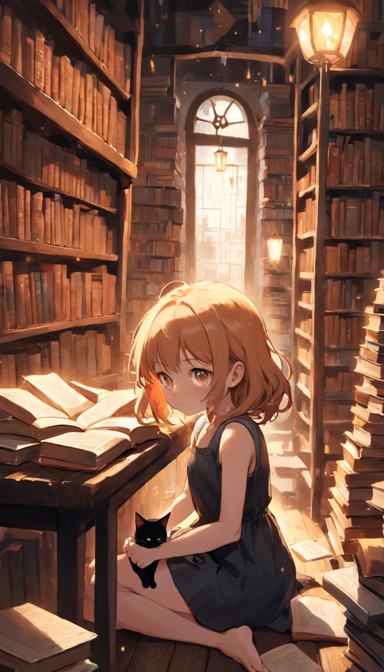 "Em uma livraria pitoresca, com estantes repletas de livros empoeirados e uma atmosfera acolhedora, a young girl with hazel hair named Emi is immersed in a pile of old books. Seu gato de pelagem preta e olhos brilhantes, chamado Kuro, it rests lazily on the wooden counter next to it. A luz do final da tarde entra pelas janelas, creating beams of golden dust that dance around the two. Emi parece totalmente absorta na leitura, while Kuro occasionally raises his head to curiously observe the visitors to the bookstore. Her complicit looks and magical surroundings evoke a sense of deep connection between the girl and her cat, as they explore together the secrets and adventures contained in the pages of the books."