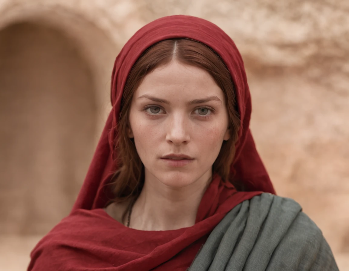 (melhor qualidade: 1.4), (Ultra Highres: 1.2), (fotorrealista: 1.4), (8k, Foto RAW: 1.2).The description of the Samaritan red head woman's physical appearance is not detailed in the biblical narrative, but her Samaritan origin suggests that she would likely have similar traits to other people in the area. In the historical-cultural context, the story of the Samaritan woman takes place during a period of ethnic and religious tensions between Samaritans and Jews. Her encounter with Jesus at Jacob's well highlights the message of spiritual equality and the importance of faith over cultural differences.