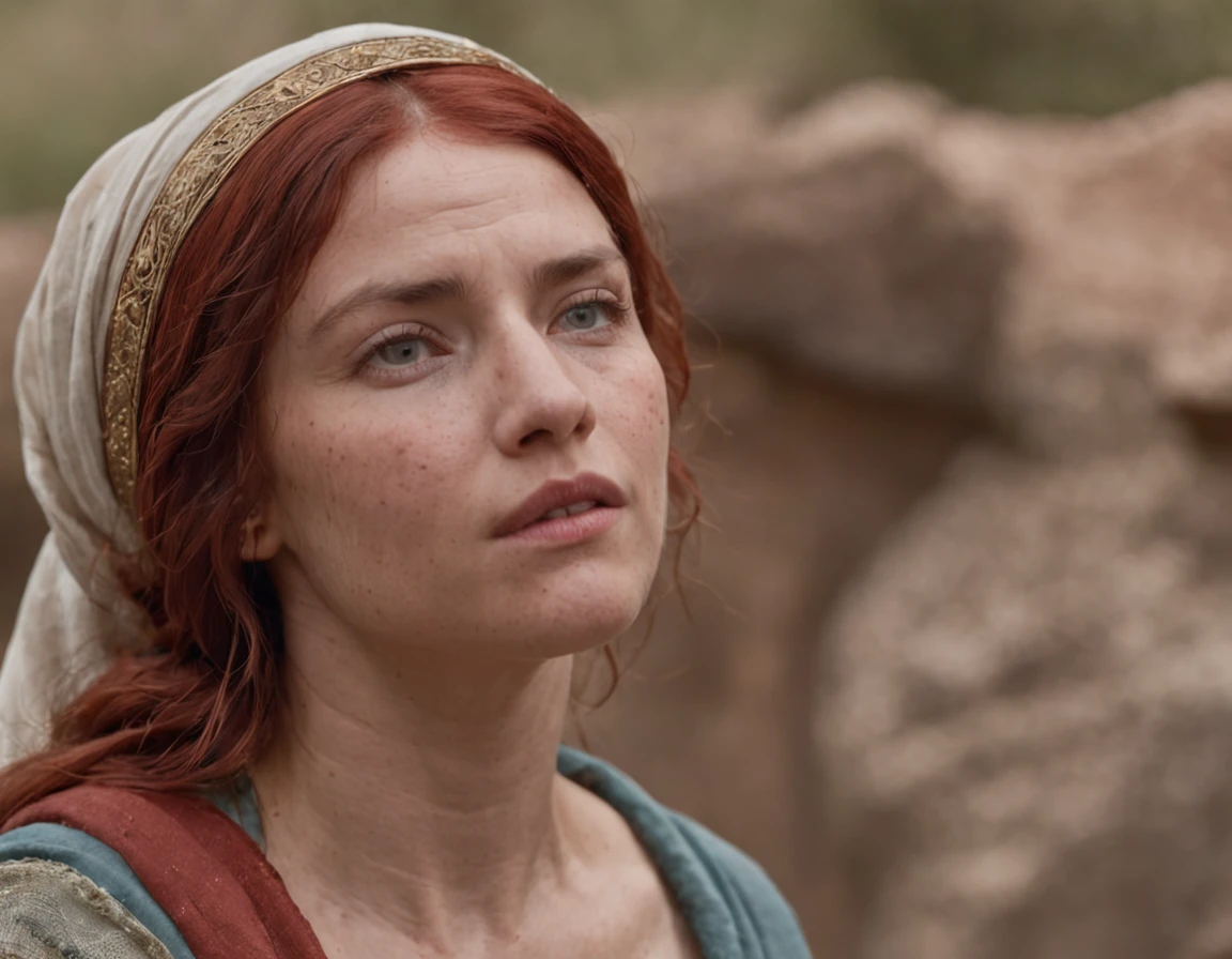 (melhor qualidade: 1.4), (Ultra Highres: 1.2), (fotorrealista: 1.4), (8k, Foto RAW: 1.2).The description of the Samaritan red head woman's physical appearance is not detailed in the biblical narrative, but her Samaritan origin suggests that she would likely have similar traits to other people in the area. In the historical-cultural context, the story of the Samaritan woman takes place during a period of ethnic and religious tensions between Samaritans and Jews. Her encounter with Jesus at Jacob's well highlights the message of spiritual equality and the importance of faith over cultural differences.