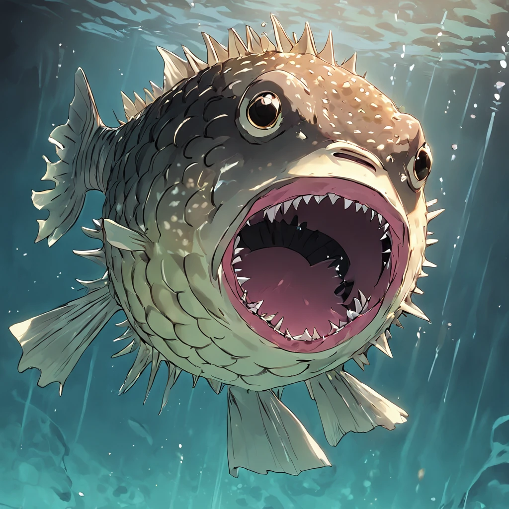 huge puffer Fish with ghostly gold scales, fierce fangs, and a long pink tongue, Masterpiece, Best Quality