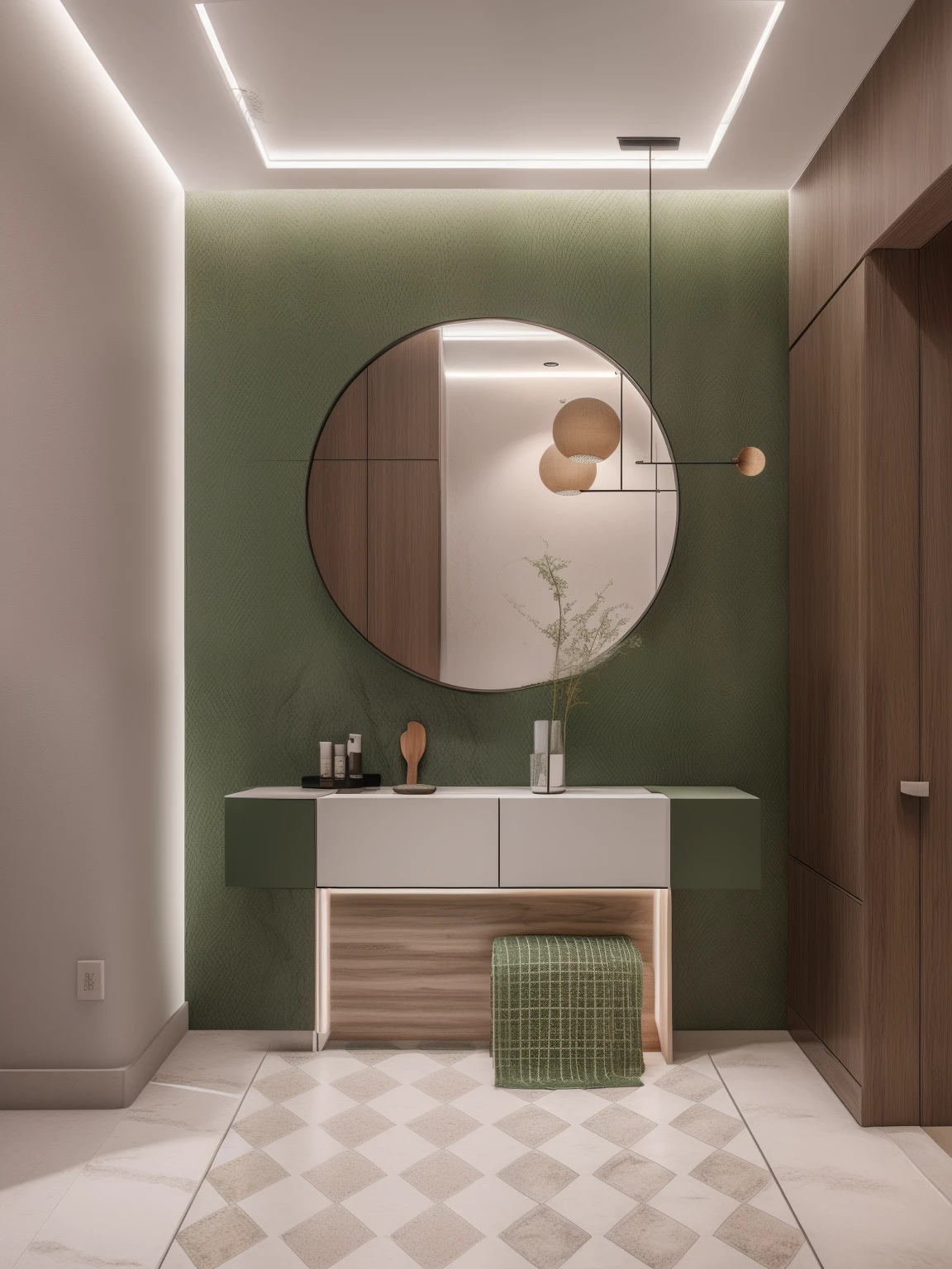 Masterpiece, high quality, best quality, authentic, super detail, interior,raw photo,8k,The kitchen , the bar counter is wood-grain, with two glass doors push-pull , the kitchen is adorned with lightning-like patterned stone, beautiful accent LED lights, modern interior design, white sofa, A green plant on the right side next to the brown or grey curtain