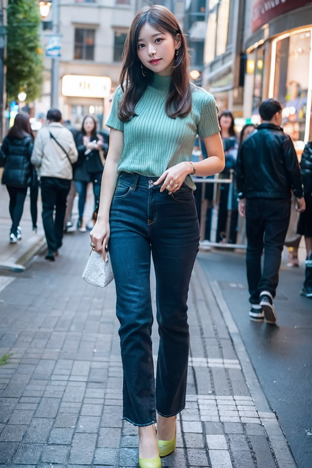 (masutepiece), Best Quality, 超A high resolution, Sharp Focus, ((1 woman, Solo)), (Warm pastel colors), Perfect feminine face, Full body, longshot, (during night:1.2), In a vibrant city, in a crowd of people, beautiful detailed hair, chesnut brown hair, Long hair, ((Beautifully shaped eyes, Green eyes)), Beautiful face, Smiles, Look at the viewer, Casual and comfortable clothing