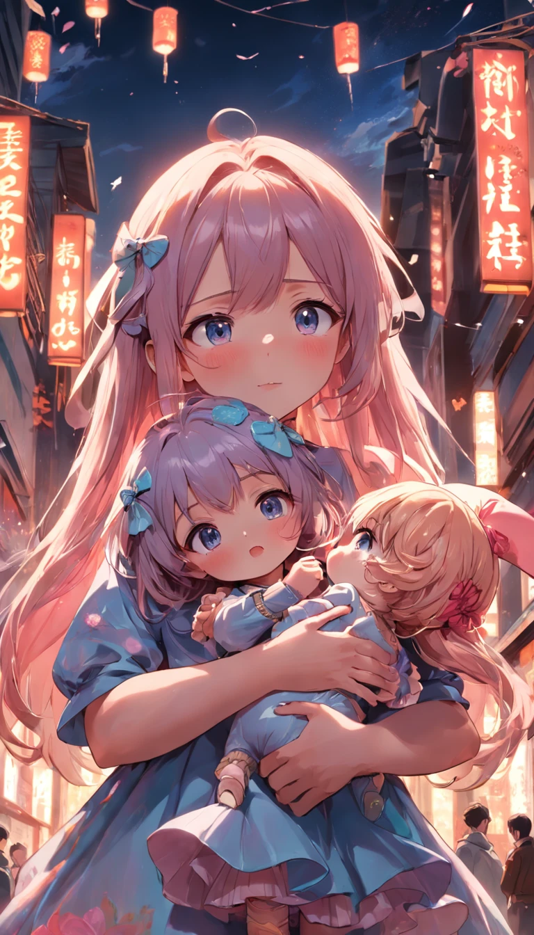 A girl receiving a doll from her aunt as a birthday present.