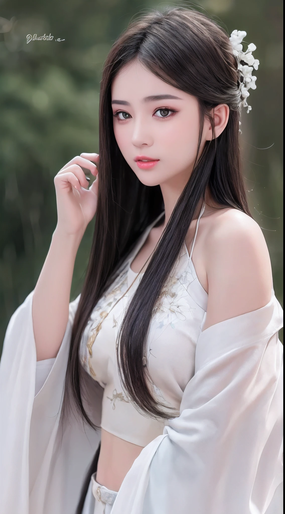 ((Best Quality, 8k, Masterpiece: 1.3)), Focus: 1.2, Perfect Body Beauty: 1.4, Buttocks: 1.2, ((Layered Haircut)), (Wet Clothes: 1.1), (Rain, Street:1.3), (Breasts: 1.2), (Hanfu: 1.2), Bare Shoulders, Bare Legs, Highly Detailed Face and Skin Texture, Fine Eyes, Double Eyelids, Whitened Skin, Long Hair, (Shut Up: 1.5), (Bokeh Background: 1.5), Big Breasts