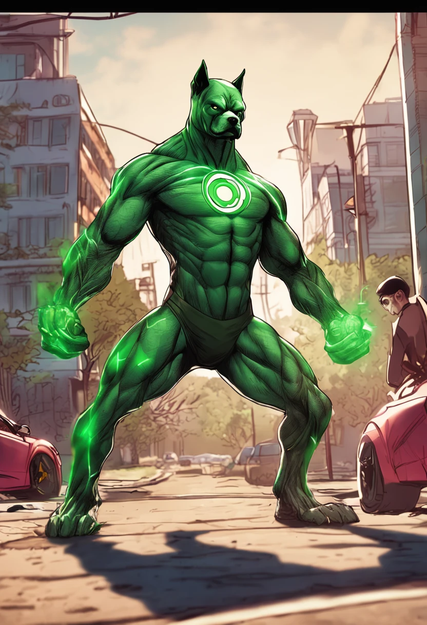 A Dramatic green lantern as a dog, cinematic, extreem realistic, extreem detailed, extreem Sharp, full body shot