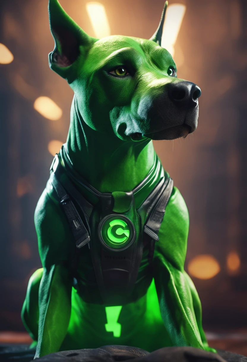 A Dramatic green lantern as a dog, cinematic, extreem realistic, extreem detailed, extreem Sharp, full body shot