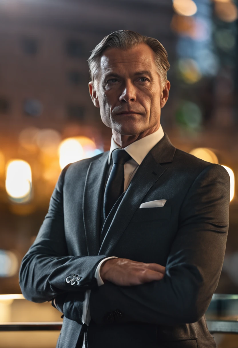 Cinematic portrait photo of A male subject in his mid-40s with short, buzzed hair that's slightly receding and thinning, accented by subtle grey streaks. He's dressed in a dark grey three-piece suit, featuring a vest, suit jacket, and trousers. Underneath, he wears a black collared shirt with a tie that harmonizes with the suit and shirt. The man has a well-built physique and radiates a sense of professionalism. The background is a realistic high-rise office view, as if the photo is a professional portrait taken at his desk.