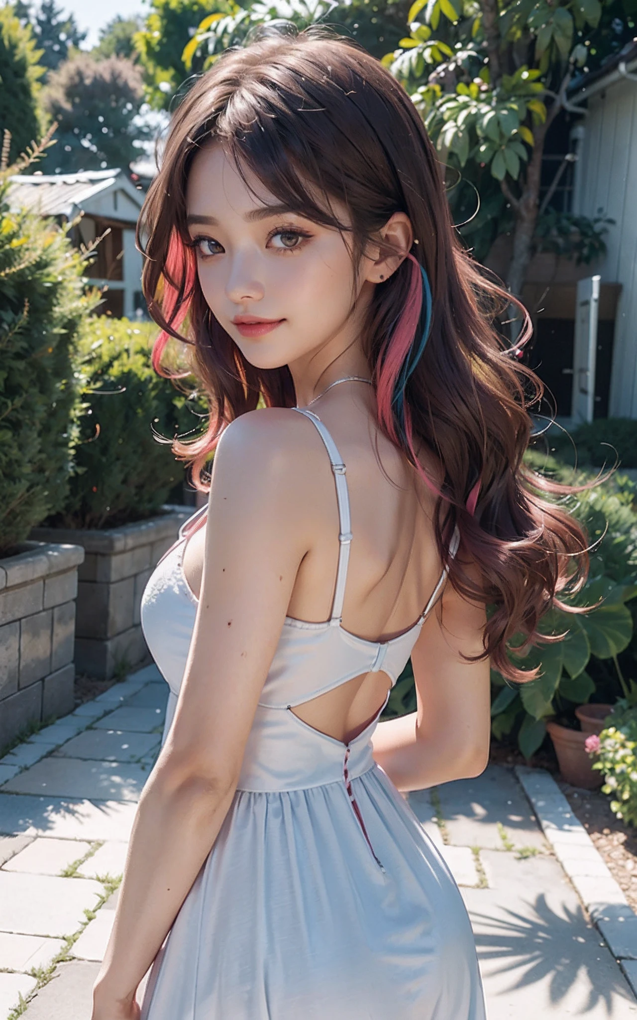 (Huge breasts), (18 years old), (Very small head), Daylight, Sunlight, (Perfect body:1.1), (red party dress), (Short hair), (Wavy Hair), (dark brown hair), (pink and blue highlights hair), ((fullllbody)), (8K), (extremely delicate and beautiful), (masutepiece), (Best Quality:1.0), (realisitic), Realistic Shadows, (High resolution:1.0), Detailed skin, Ultra-detailed, Slim body, (Beautiful hair, Real Hair, detailed hairs), blush, Photorealistic, Realistic face, Realistic eyes, Small eyes, Happy smile, (((Colorful))), (eye liner), (mascara), (eye shadow), from behind,