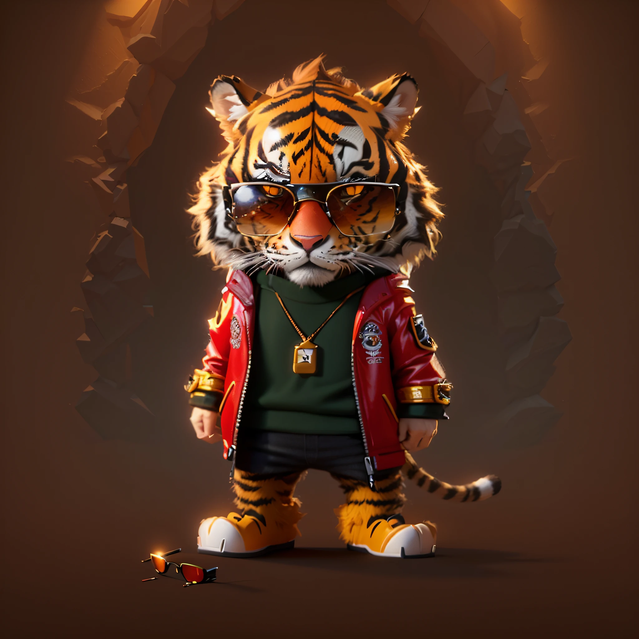 Cartoon tiger wearing jacket and sunglasses with red jacket, 3 d render stylized, Anthropomorphic tiger, cute 3 d render, high detailed cartoon, tony the tiger, 3d render digital art, for hire 3d artist, 3 d epic illustrations, stylized 3d render, epic digital art illustration, trending on artstation 4k