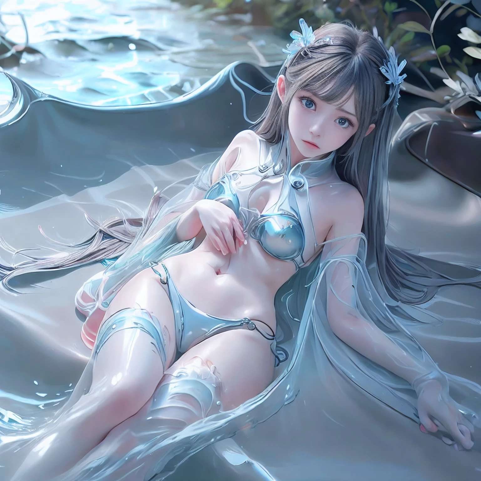 masterpiece, top-quality, ultra-detailliert, illustratio, portraitures, 1girl in, blue eyess, greyt hair,middlebreasts, swim wears, The bikini、Full body slender、long thin legs、A sexy、Cute、Under the sea、foam、Correct limb、
