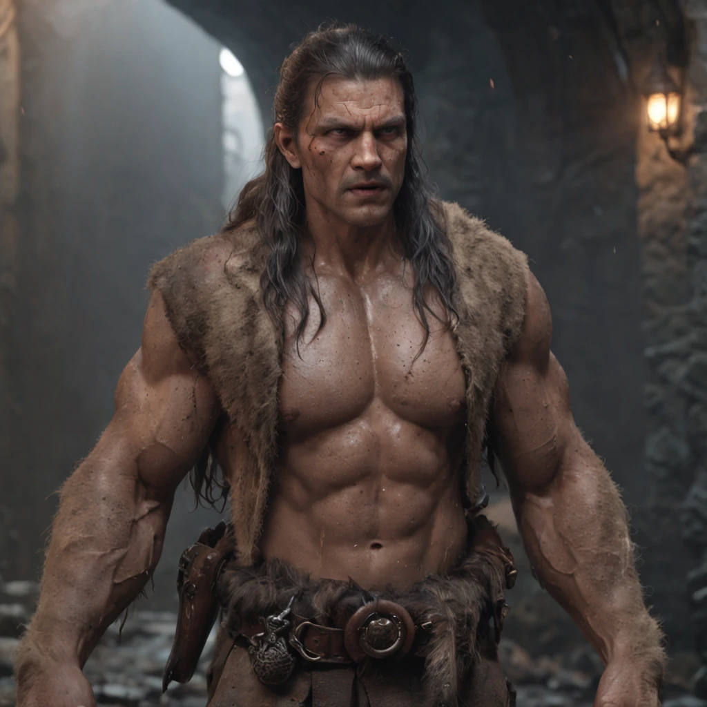 (professional 3d render:1.3) af (Realistic:1.3) most beautiful artwork photo in the world,Features soft and shiny male heroes, ((Epic hero fantasy muscle man rough wet hero angry look long hair short beard and ferocious expression in dynamic pose, Fantastic location, Majestic cluttered environment)), full body 8k unity render, action shot, skin pore, very dark lighting, heavyshading, Detailed, Detailed face, (vibrant, photograph realistic, Realistic, Dramatic, Dark, Sharp focus, 8K), (Old leather garments damaged by weathering:1.4), ((((Wear fur)))), (Intricate:1.4), decadent, (Highly detailed:1.4), Digital painting, rendering by octane, art stations, concept-art, smooth, Sharp focus, illustration, Art germ, (loish:0.23), wlop ilya kuvshinov, and greg rutkowski and alphonse mucha gracias, (Global illumination, Studio light, volumettic light), heavy rain, particles floating, lotr, fantasy, elf, full bodyesbian, ((Dark and ancient city background:1.3)),CGSesociety,art stations