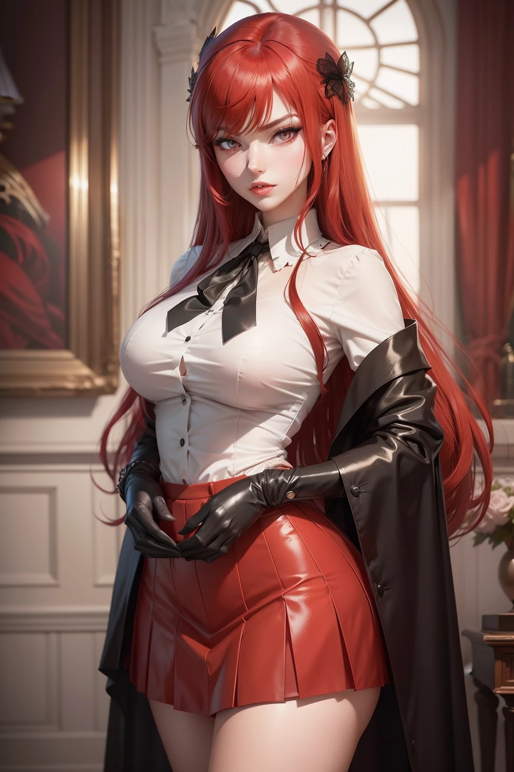 Rias Gremory is a character with crimson hair, her long strands fall elegantly down her back, contrasting with her pale skin and mesmerizing amber eyes, slim and beautiful body. She exudes confidence and charm with her haughty posture. Wearing a tailored red school uniform, her pleated skirt falls in harmony with her open fitted white blouse. A black ribbon tied around her neck complements the ensemble, highlighting her aura of authority and sophistication. Her accessories include black gloves that highlight her delicate hands. , in high resolution, detailed, HD quality.