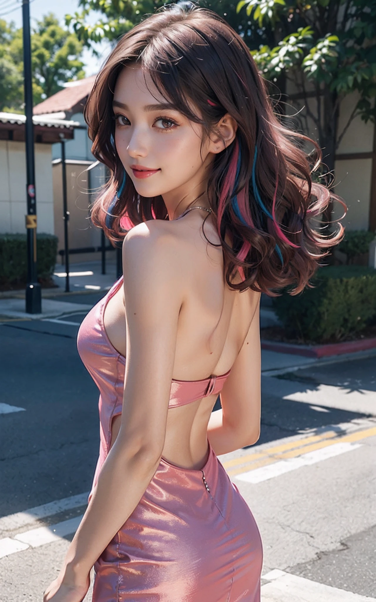 (Huge breasts), (18 years old), (Very small head), Daylight, Sunlight, (Perfect body:1.1), (red party dress), (Short hair), (Wavy Hair), (dark brown hair), (pink and blue highlights hair), ((fullllbody)), (8K), (extremely delicate and beautiful), (masutepiece), (Best Quality:1.0), (realisitic), Realistic Shadows, (High resolution:1.0), Detailed skin, Ultra-detailed, Slim body, (Beautiful hair, Real Hair, detailed hairs), blush, Photorealistic, Realistic face, Realistic eyes, Small eyes, Happy smile, (((Colorful))), (eye liner), (mascara), (eye shadow), from behind,