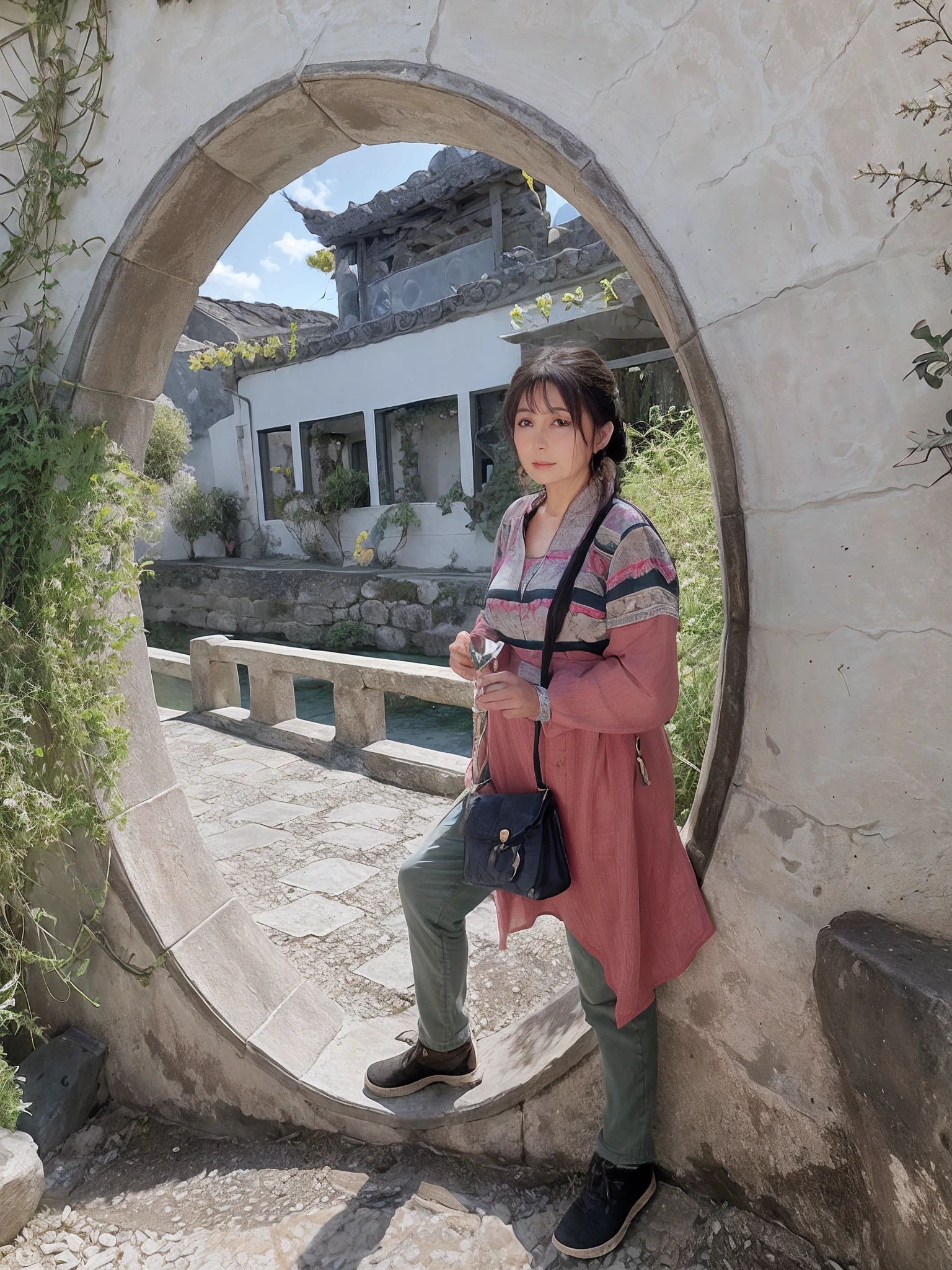 Woman standing in a circular window of a stone wall, ancient garden behind her, she is about 6 0 years old, The photo was taken in 2 0 2 3, at an ancient city, near a stone gate