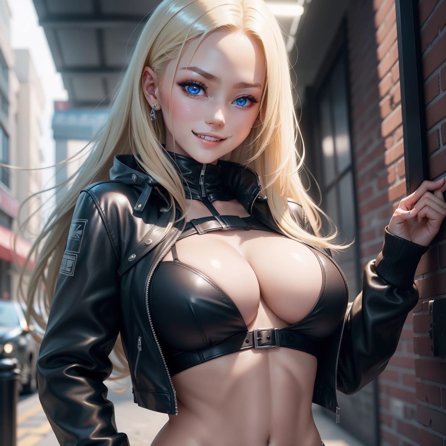 校服　leather jackets　girl with　A smile　　a beauty girl　a blond　top-quality　​masterpiece　超A high resolution　Colossal tits　beautiful a girl　Colossal tits　blue eyess　super-detaild skin　hyperdetailed face　cyberpunked