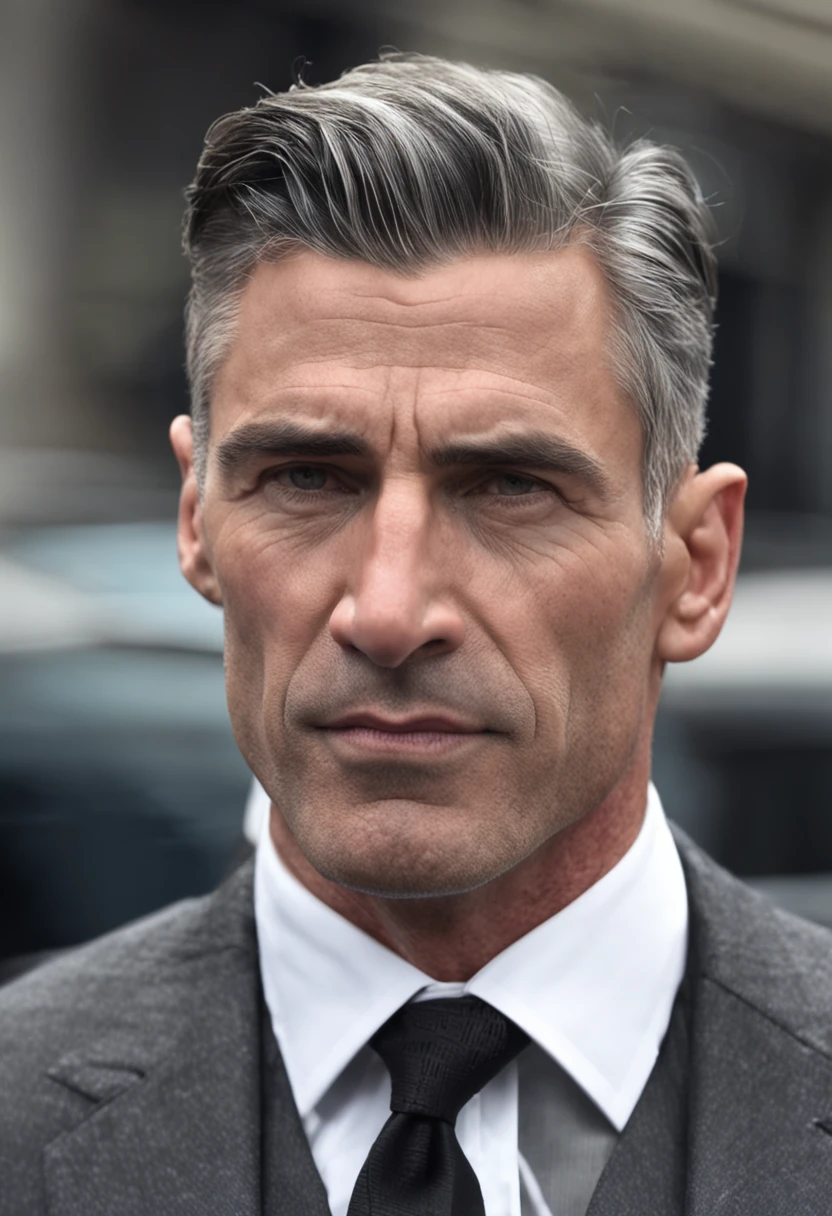 A professionally dressed male in his mid-40s, featuring short, 1-inch buzzed hair that is slightly receding and thin. The hair has subtle grey streaks. He's wearing a well-tailored dark grey three-piece suit, complete with a vest, jacket, and trousers. His black collared shirt and matching tie are tastefully chosen to work well with the suit. The backdrop is a realistic high-rise office setting, giving the impression that this is a professional portrait taken at his desk.