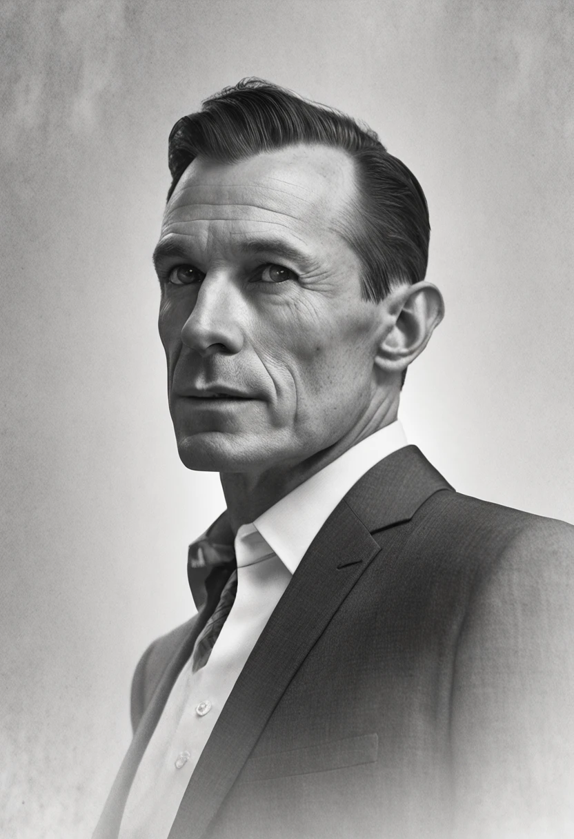 A professionally dressed male in his mid-40s, featuring short, 1-inch buzzed hair that is slightly receding and thin. The hair has subtle grey streaks. He's wearing a well-tailored dark grey three-piece suit, complete with a vest, jacket, and trousers. His black collared shirt and matching tie are tastefully chosen to work well with the suit. The backdrop is a realistic high-rise office setting, giving the impression that this is a professional portrait taken at his desk.