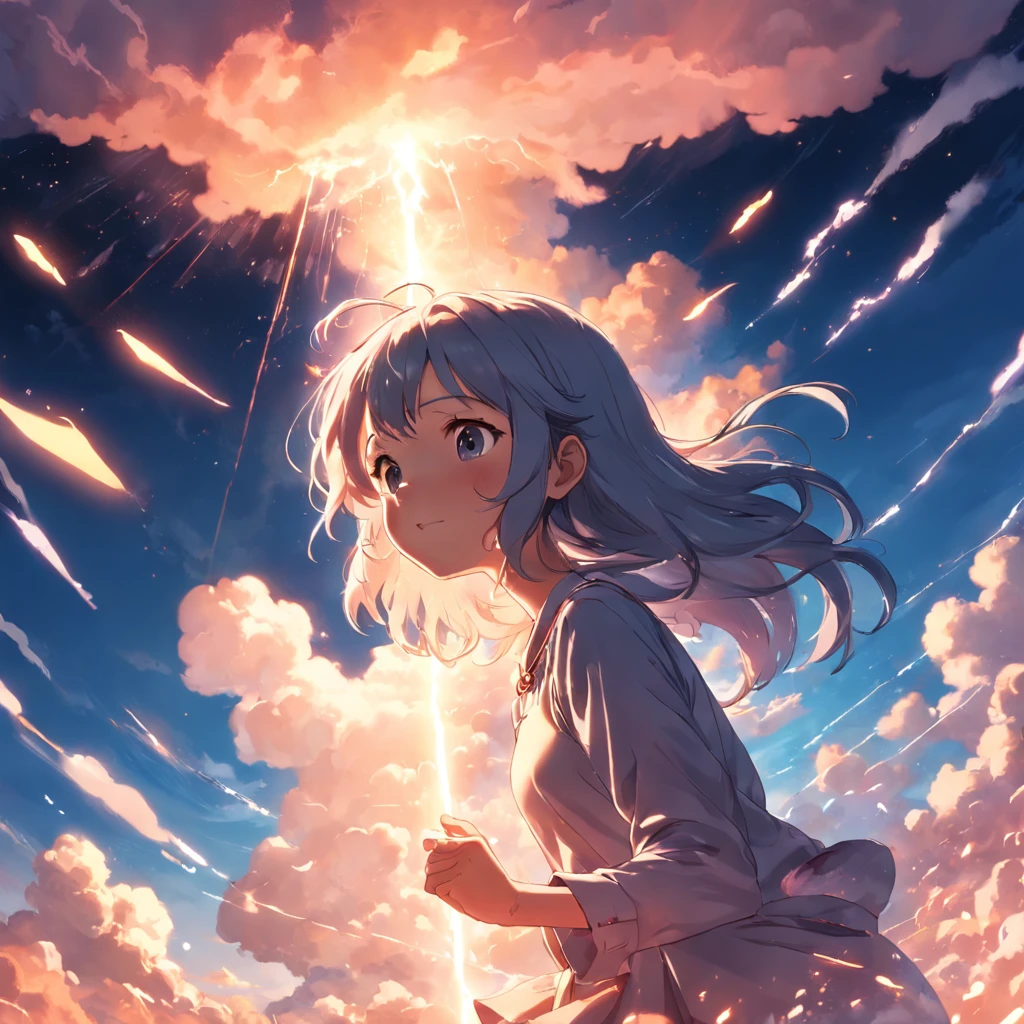 masterpiece, best quality, movie still, 1girl, cloud girl, floating in the sky, close-up, bright, happy, warm soft lighting, sunset, (sparks:0.7)