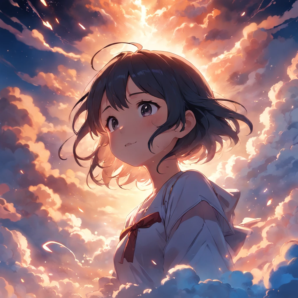masterpiece, best quality, movie still, 1girl, cloud girl, floating in the sky, close-up, bright, happy, warm soft lighting, sunset, (sparks:0.7)