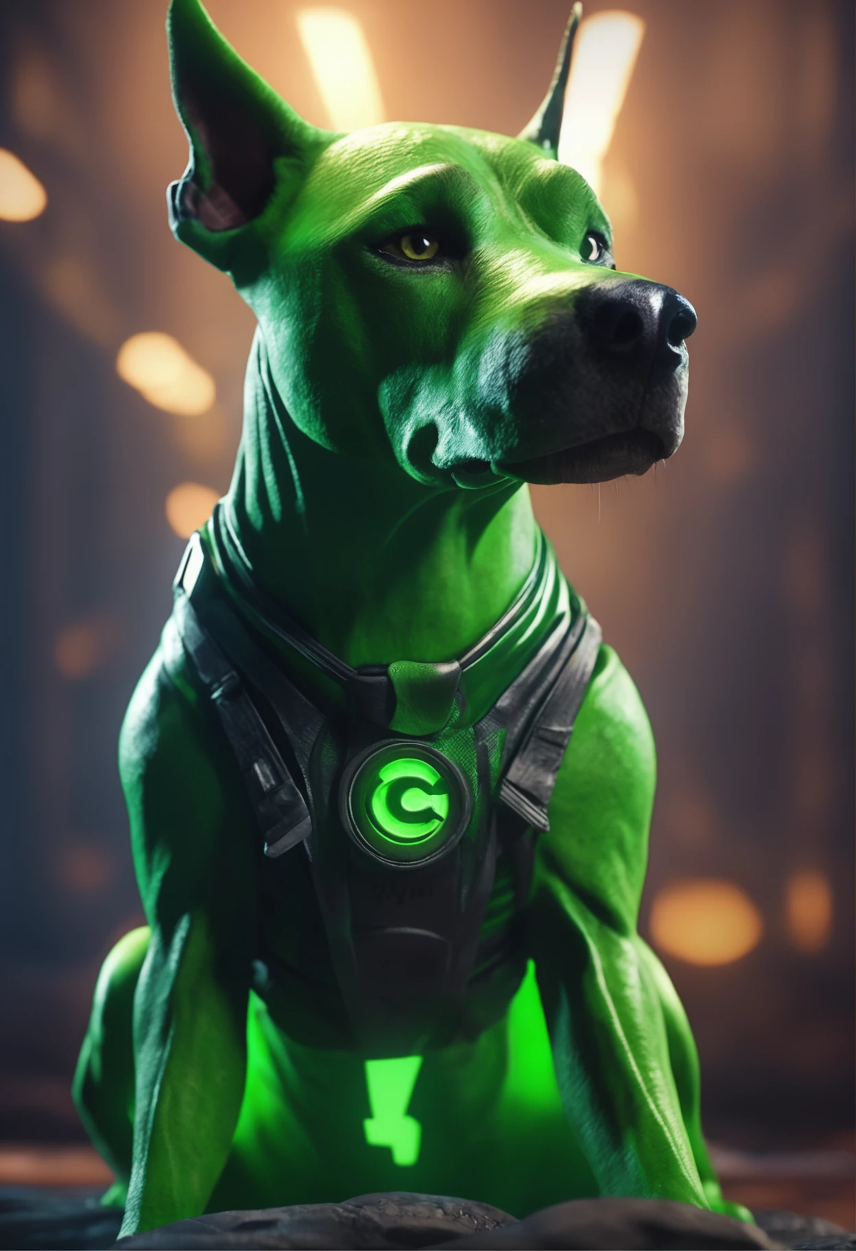 A Dramatic green lantern as a dog, cinematic, extreem realistic, extreem detailed, extreem Sharp, full body shot