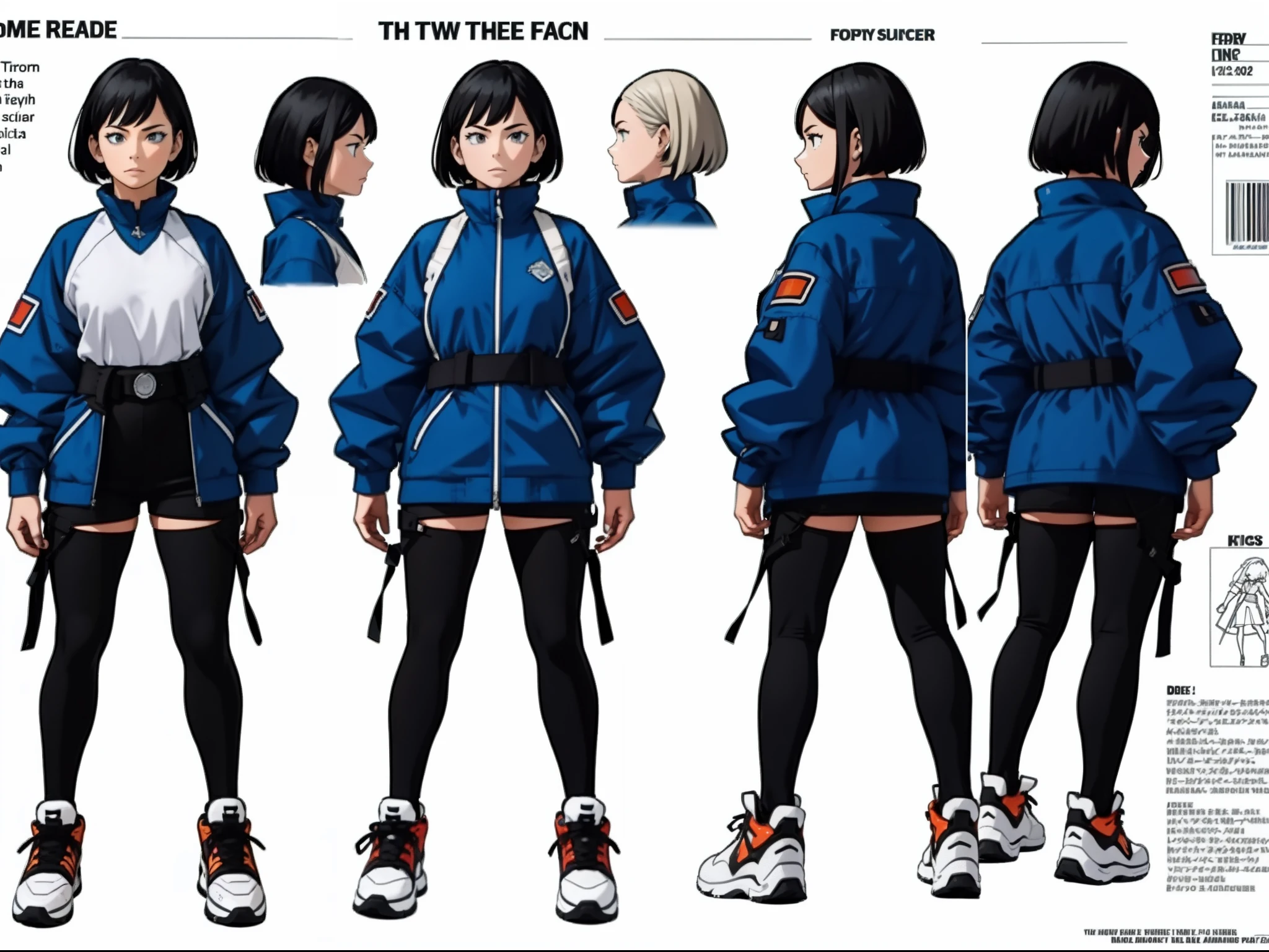 A detailed character sheet, featuring front view, side view, three-quarter view, against a white background, showcasing a 29-year-old woman with short black hair, wearing sneakers and light casual clothes. The sheet encompasses varying angles—front, rear, and side views—alongside a model sheet and a reference sheet, all illustrating a full-body representation. Proportions are based on a scale of 6 and a half heads.