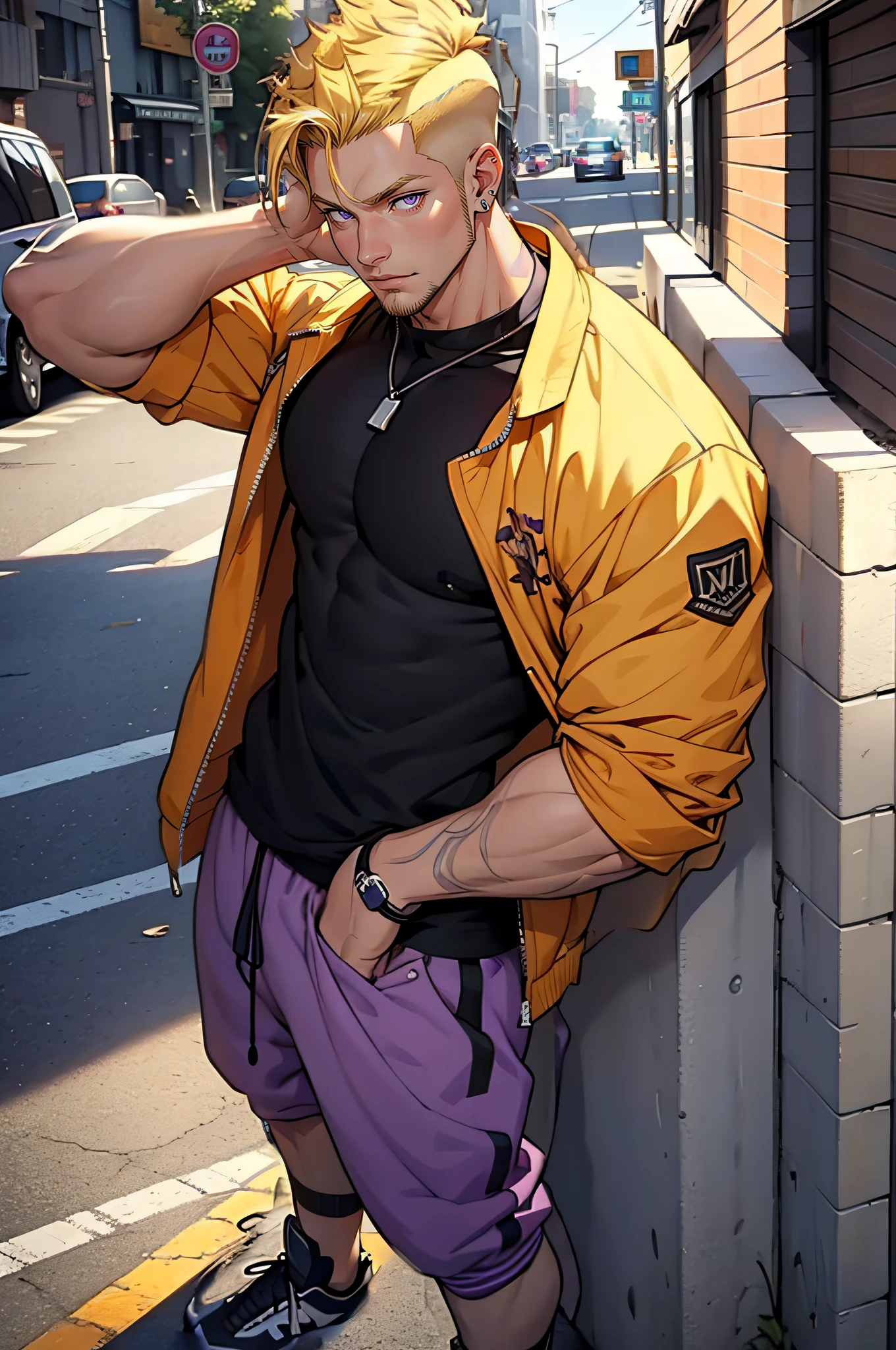 He is Blond, has a short undercut hairstyle. He has stubble. He has honey colored skin. He has purple eyes. He is very muscular. He wears casual, sporty clothing. He has a lip ring, a nose ring and 2 ear piercings. Full body image