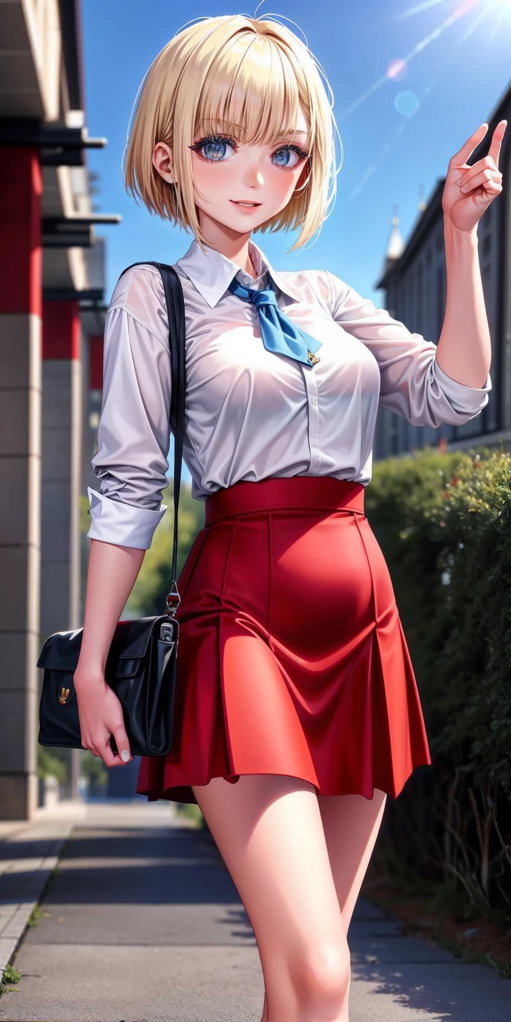 (((Anime))), ((angeregt)), (vielleicht), glattes rotes Haar,Bobcut, rundes Gesicht, Rote Augen, (droopy eyes), (((Tareme))),rosa Lippe, easy smile, ((((niedlich)))), beautiful, 女の子1人, nur, cute school uniform ,white shirt ,Rote krawatte,Red Skirt,Beautiful Background,(Klassenzimmer:1.5),Abend,Sonnenlicht,Hintergrundbeleuchtung,Meisterwerk,best quality,Auserlesen,8K,absurdres,super feine Illustration,(Blick auf den Betrachter),mid large breasts,