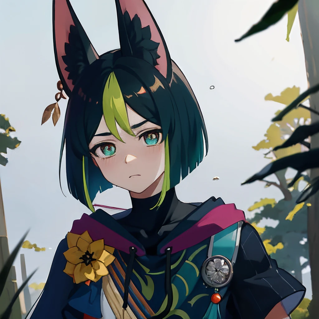 Masterpiece, Best quality, Ticknary (Genshin Impact), 1boy, angle of view, toned male, bishounen, Fox ears, Green eyes, Close up, multicolored hair, Black hair, Green hair, Blunt end, Male focus, view the viewer, flustered, forest, Background，weeping，Be red in the face