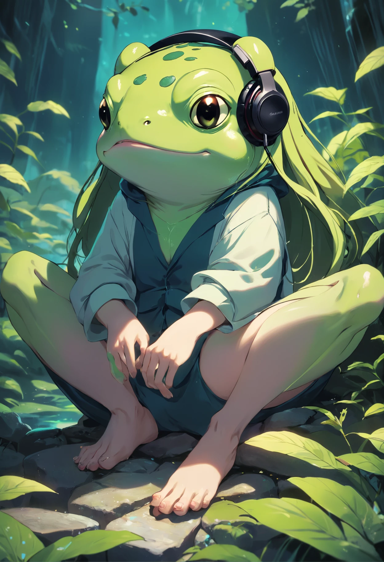 A masterpiece green frog with headphones, fatness