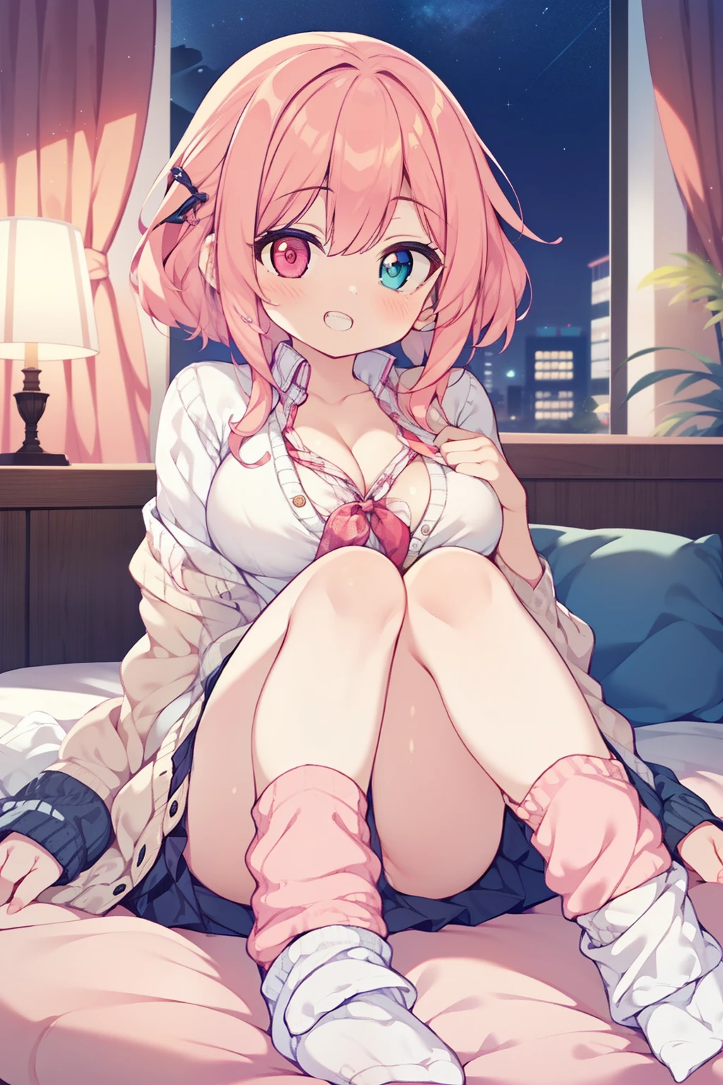 1girl in, Solo, Perfect body, (Super Detail:1.1), (Best Quality:1.1), Cute Girl, (gals:1.5), (double tooth:1.5), (large full breasts:0.8), (NSFW:0.5), Pink hair, straight haired, School Uniform, cardigan, cleavage, (heterochromia:1.1), (loosesocks:1.5), radiant eyes, a miniskirt, (Hotel room at night:1.1), Sitting in bed, Seductive smile,